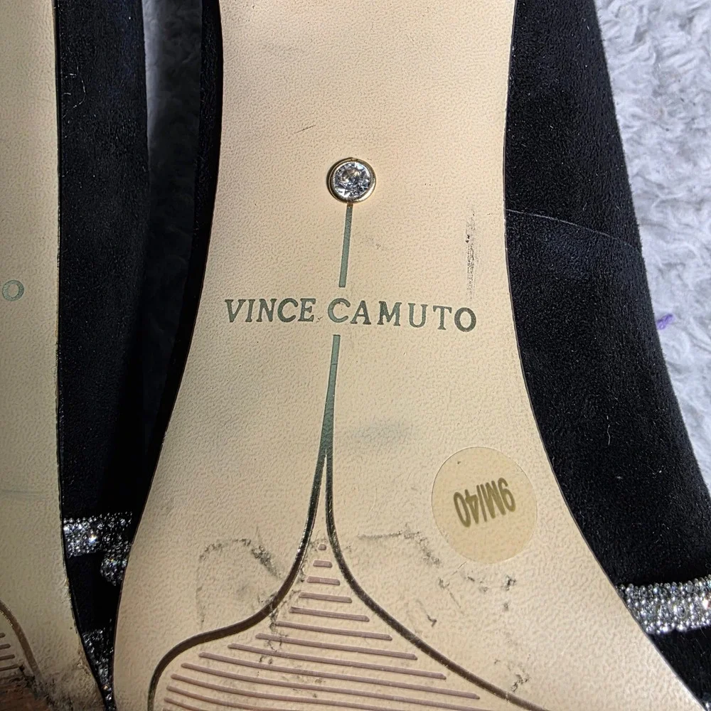 Vince Camuto Pumps Black Suede‎ Rhinestone Bow Pointed Toe Womens 9M
